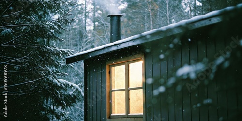 Illuminated Cabin Window in Snowy Forest