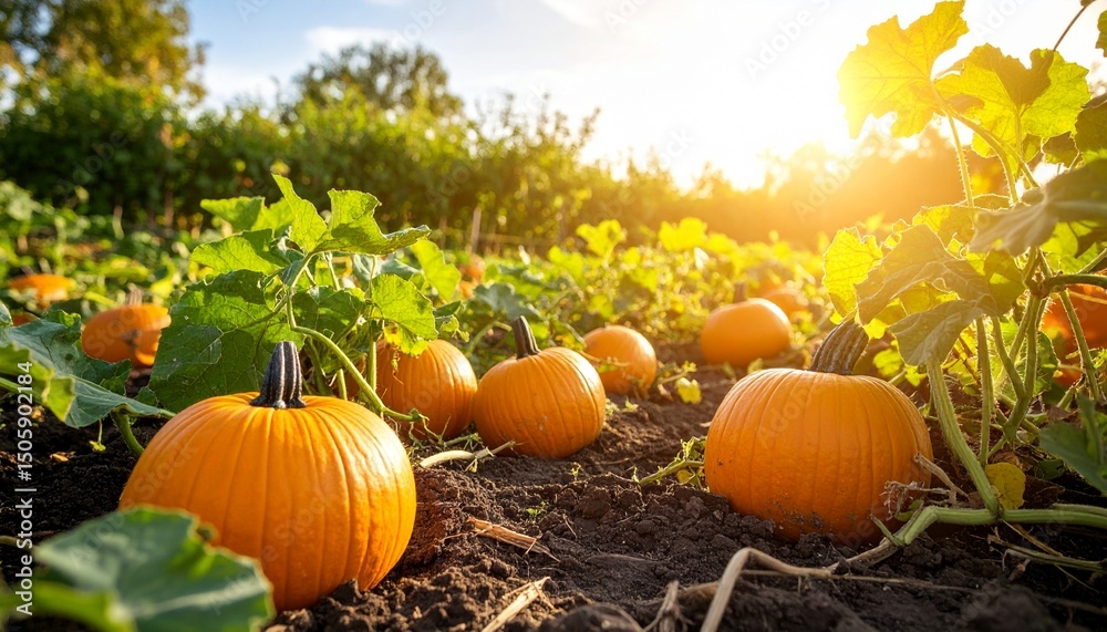 Obraz premium Pumpkin resting on moist earth during foggy dawn, flat exposure, no sunlight, no horizon glow, all light is diffused, visible moisture on leaves and soil, muted warm colors, cinematic balance.