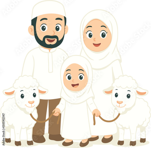 This heartwarming flat-style illustration shows a joyful Muslim family—father, mother, and daughter—dressed in traditional Islamic clothing, standing with two cheerful sheep. The family is celebrating