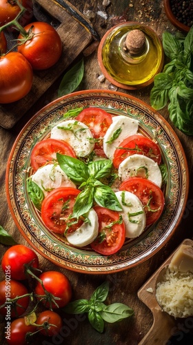 Fresh Mozzarella and Tomato Salad With Basil Served on a Rustic Wooden Table