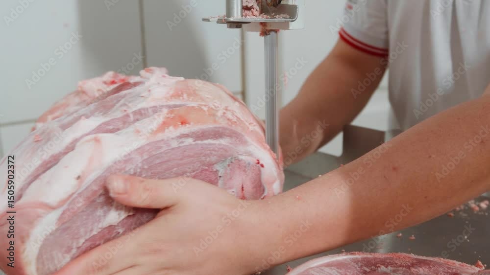 Um açougueiro cortando um pedaço de pernil suíno em uma bancada de serra de fita no açougue