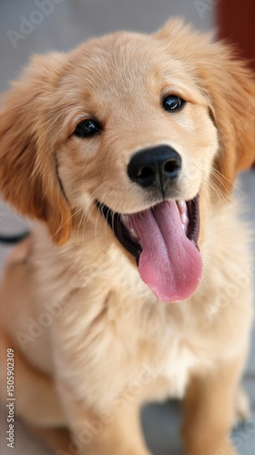 Happy Golden Retriever Puppy Enjoying a Sunny Day at Home With a Playful Spir...