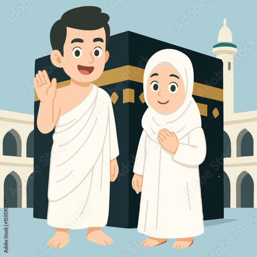 A charming cartoon illustration of a young Muslim boy and girl wearing Ihram garments, standing happily in front of the Kaaba in Mecca. The boy is waving with a cheerful expression while the girl too.