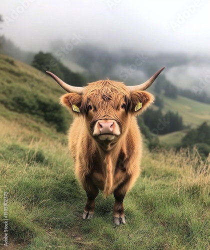 Highland Cow Stands in Misty Field With Rolling Hills in Background During Ea...