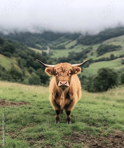 Highland Cow Stands in Misty Field With Rolling Hills in Background During Ea...