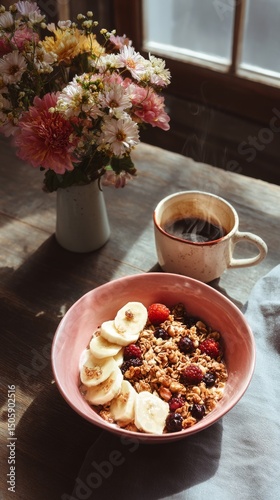 Delicious Breakfast Bowl With Fruits and Coffee on a Wooden Table in Morning ...