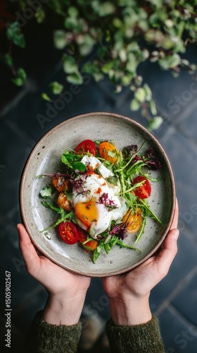 Fresh Garden Salad With a Sunny Side up Egg Served in a Cozy Cafe Setting.