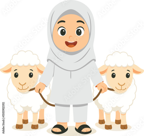 Cute vector cartoon of a smiling Muslim girl wearing a hijab and holding two sheep, representing the Islamic holiday Eid al-Adha. This illustration is perfect for religious celebration content, childr