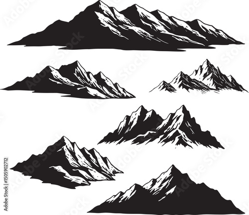 Mountain Silhouette Vector Set Black and White Hand-Drawn Peaks.
