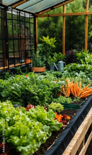 Fresh Vegetables Growing in a Vibrant Greenhouse During the Day