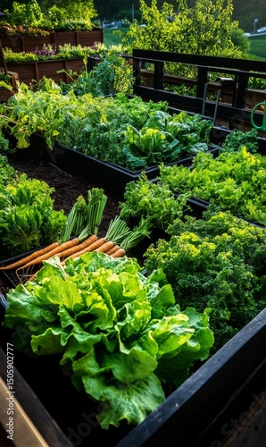 Gardening Project Showcasing Fresh Vegetables and Greens in a Community Garde...