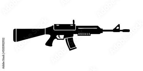 Machine gun icon on a white and black background. Military weapons for protection.Simple Silhouette of an Assault Rifle.A clean, bold silhouette of an assault rifle against a plain white background.