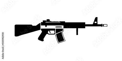 Machine gun icon on a white and black background. Military weapons for protection.Simple Silhouette of an Assault Rifle.A clean, bold silhouette of an assault rifle against a plain white background.