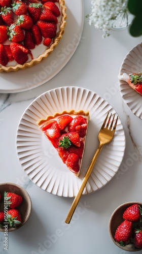Delicious Strawberry Tart on a White Plate With Golden Fork and Fresh Strawbe...