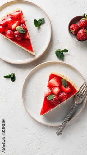Delicious Strawberry Tart on a White Plate With Golden Fork and Fresh Strawbe...