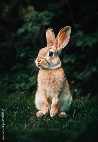 Cute Rabbit Sitting on Green Grass in a Serene Outdoor Setting During Dayligh...