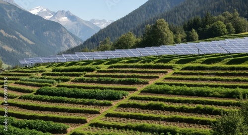 Mountainous Farm with Terraced Fields Growing Potatoes and Beans, Solar Panels Installed for Maximum Sunlight Absorption, Towering Snow-Capped Peaks, Dense Evergreen Forests, and a Clear Sky Backdrop