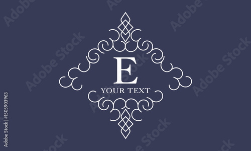 Luxury logo in vintage style with letter E in the center. Linear vector monogram, frame, label, emblem with ornament for boutique or hotel design.
