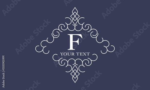 Luxury logo in vintage style with letter F in the center. Linear vector monogram, frame, label, emblem with ornament for boutique or hotel design.