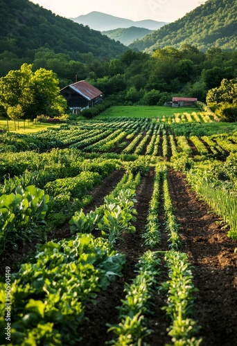Vibrant Green Fields and Rolling Mountains During Sunset in a Rural Farming Area