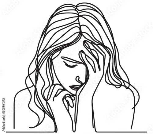 continuous single line drawing of sad woman covering her face with her hands, vector illustration isolated on white background