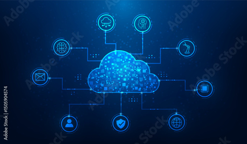 cloud computing big data storage cyber ​​security protection system digital technology background. Artificial Intelligence cloud database network online connection.