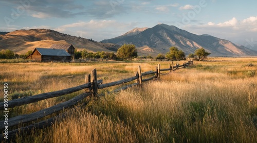 Mountain Landscape With Wooden Barn and Golden Grass During Sunset in Open Fi...