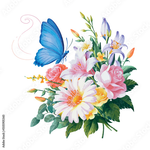 White flower bouquet with green leaf pattern illustration for spring or summer design