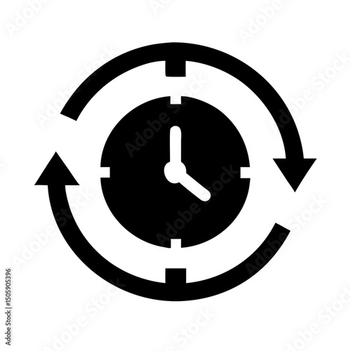 Silhouette rotating clock arrows icon on transparent background for web and graphic design