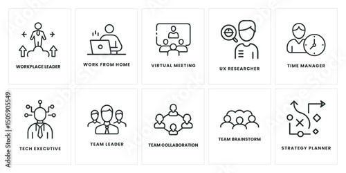 Premium Business Icons Set: Leadership, Remote Work, Virtual Meetings, UX, Time Management, Tech, Team Collaboration, Brainstorming, Strategy Planning