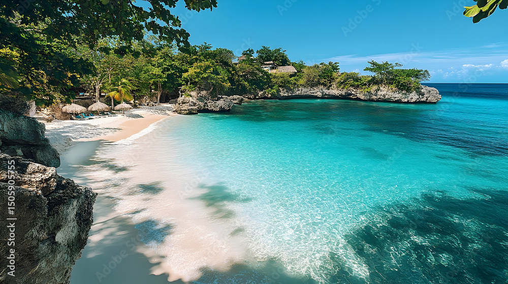 Fototapeta premium Pristine beach with turquoise water and lush vegetation.