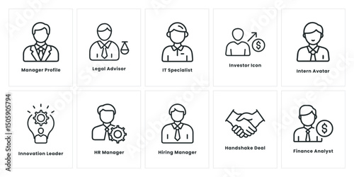 Business and Management Icon Set: Manager, Legal Advisor, IT Specialist, Investor, Intern, Innovation, HR, Hiring, Deal Agreement, Finance Analyst, Corporate Roles Icons Collection