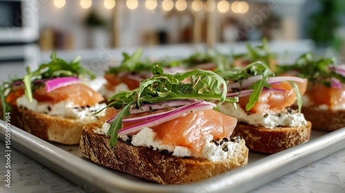Delicious Smoked Salmon Toasts With Cream Cheese and Arugula on a Serving Pla...