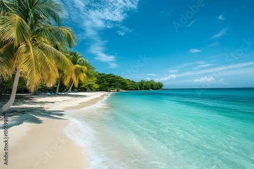 Pristine beach scene with crystal-clear turquoise water.