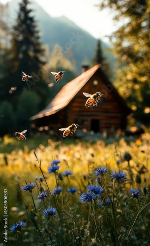 Bees Buzzing Around Colorful Wildflowers Near a Rustic Cabin in the Mountains...