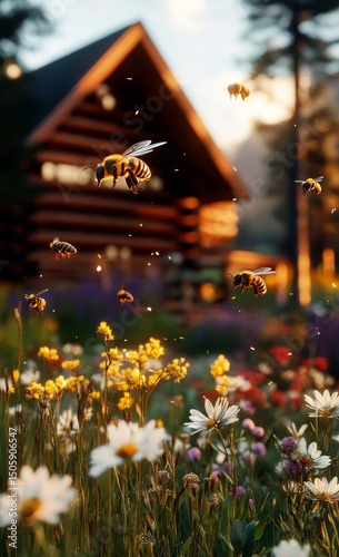 Bees Buzzing Around Colorful Wildflowers Near a Rustic Cabin in the Mountains...