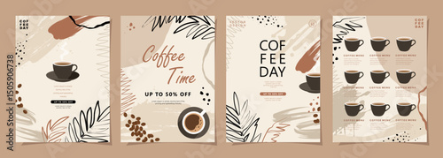 Set of templates design with coffee beans, cups and leaves on minimal background for invitations, cards, banner, poster, cover, menu or another template. Vector illustration.