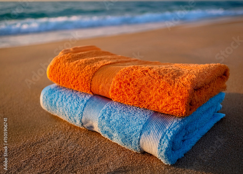 Duas toalhas de praia, uma alaranjada outra azul, sobre as areias douradas, ao fundo o mar desfocado com ondas estourando no pôr-do-sol.  photo