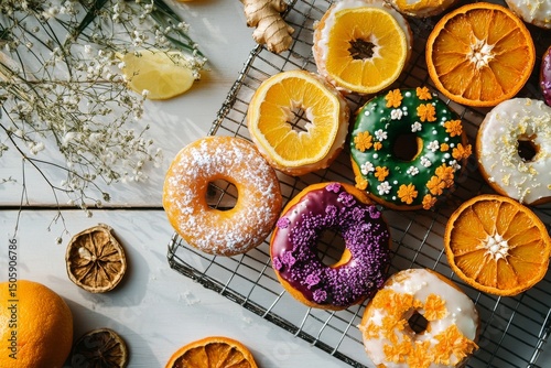 Colorful Donuts With Fresh Oranges and Ginger on a Cooling Rack in a Bright K...