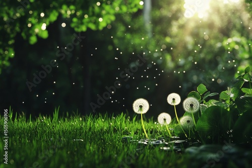 Dandelion Flowers Illuminated by Sunlight in a Lush Garden During Late Aftern...