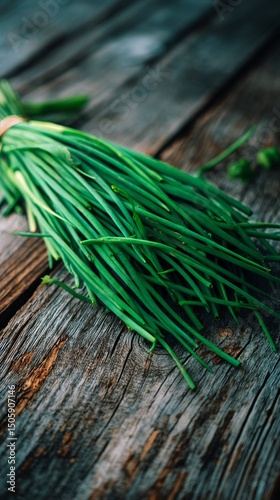 Fresh Chives Resting on a Rustic Wooden Table in Natural Light Showcasing Vib...