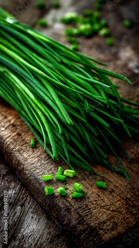 Fresh Chives on a Wooden Cutting Board Ready for Use in Cooking and Garnishin...