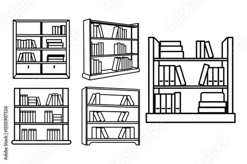 Set of bookshelves line art vector illustration on white background.