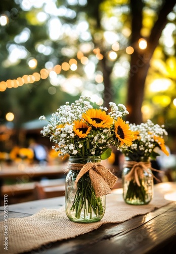 Sunflowers and Delicate Flowers in Jars Create a Charming Setting for an Outd...