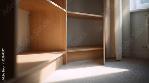 Blurred background of a corner wardrobe setup with light wood closet