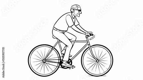 Senior man riding bicycle with sunglasses in black and white illustration