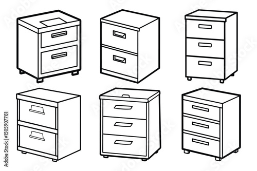  Set of filing cabinet line art vector illustration on white background.