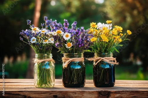 Brightly Colored Wildflowers in Jars on a Wooden Table During a Sunny Afterno...