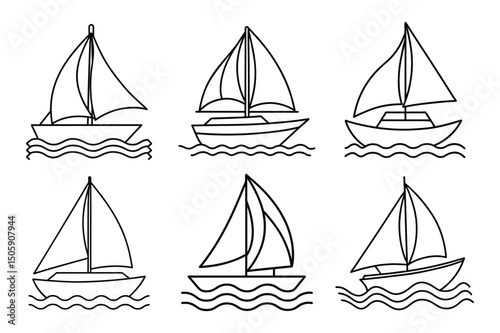 Set of sailboat, boat line art vector illustration on white background.