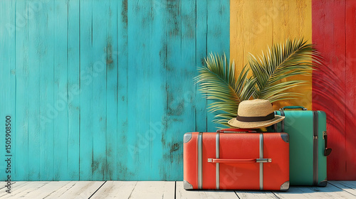 Colorful suitcases rest against a teal and yellow painted wooden wall.